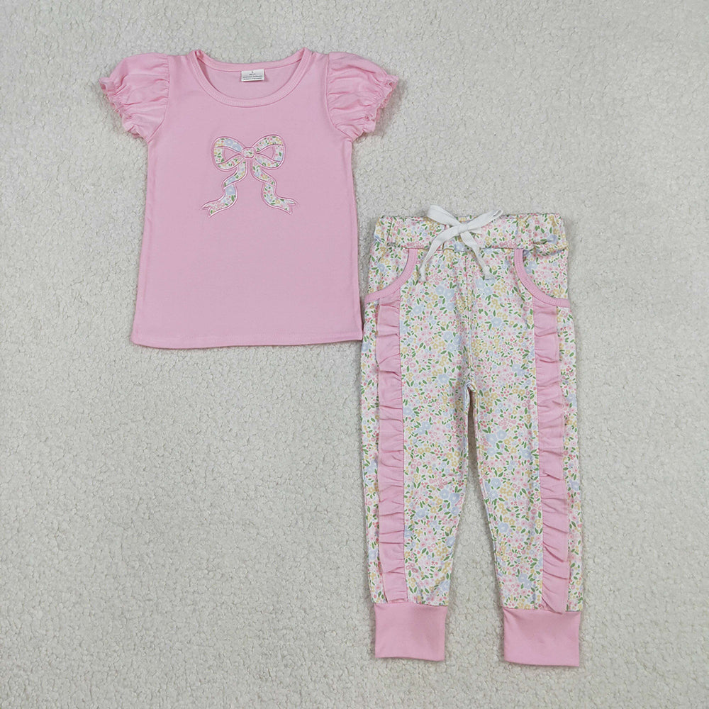 GSPO2060 Bow Embroidery Pink Top Flowers Ruffle Pants Girls Clothes Set