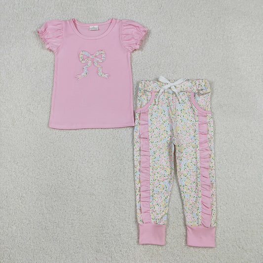 GSPO2060 Bow Embroidery Pink Top Flowers Ruffle Pants Girls Clothes Set