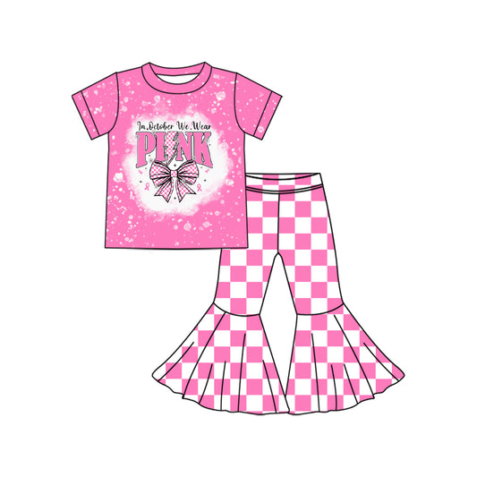 (Pre-order)GSPO2063 Pink Bows Top Plaid Bell Pants Girls Clothes Set
