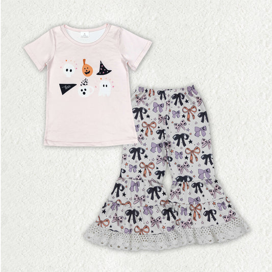 GSPO2065 Spooky Pumpkin Top Bows Bell Pants Girls Halloween Clothes Set