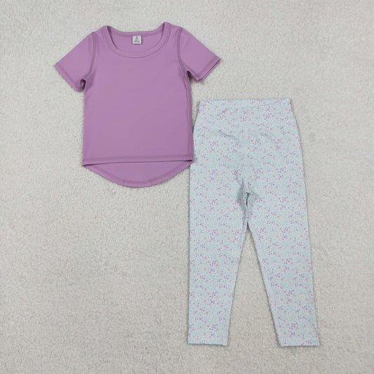 GSPO2067 Purple Top Small Flowers Legging Pants Girls Yoga Clothes Set