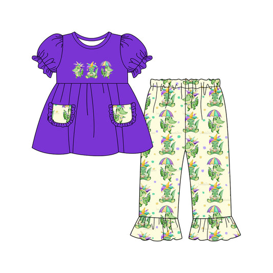 (Pre-order)GSPO2068 Crocodile Purple Pockets Tunic Top Ruffle Pants Girls Mardi Gras Clothes Set