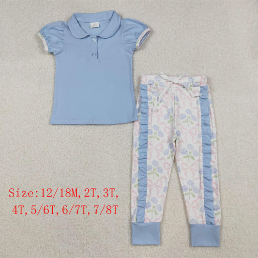 GSPO2069 Blue Top Flowers Pants Girls Clothes Set