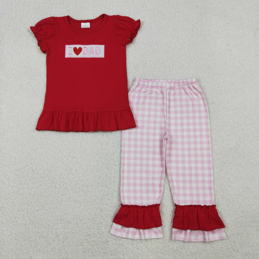 GSPO2072 I LOVE DAD Enbroidery Red Top Plaid Pants Girls Clothes Set