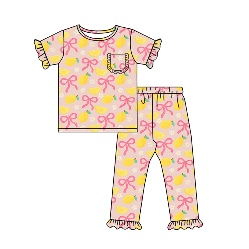 (Pre-order)GSPO2074 Lemon Bows Print Girls Pajamas Clothes Set