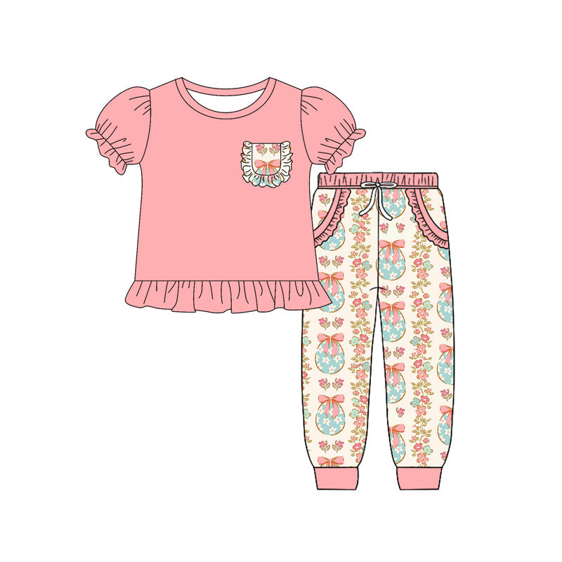 (Pre-order)GSPO2075 Pink Pocket Top Eggs Flowers Bows Pants Girls Easter Clothes Set