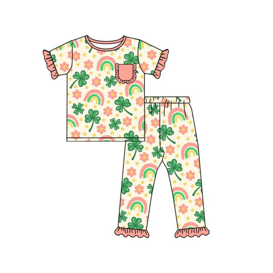 (Pre-order)GSPO2079 Leaf Rainbow Flowers Print Girls St. Patrick's Day Pajamas Clothes Set