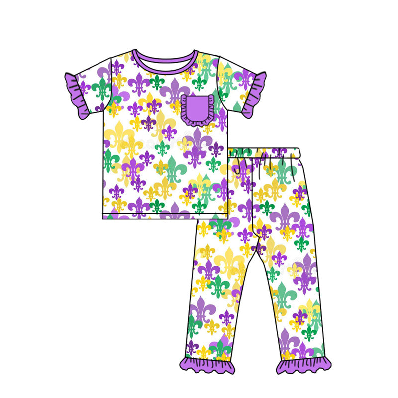 (Pre-order)GSPO2080 Anchor Print Girls Mardi Gras Pajamas Clothes Set