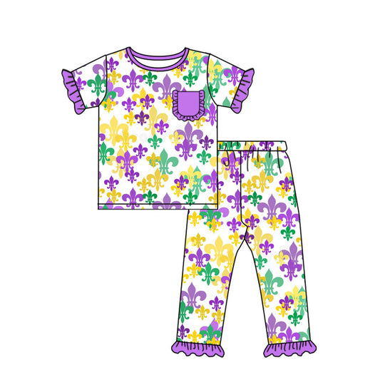 (Pre-order)GSPO2080 Anchor Print Girls Mardi Gras Pajamas Clothes Set