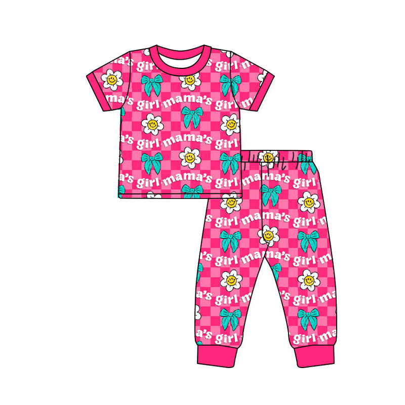(Pre-order)GSPO2084 MAMA'S Girl Smiling Face Bows Plaid Print Girls Pajamas Clothes Set