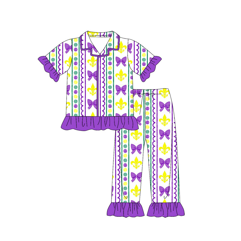 (Pre-order)GSPO2085 Anchor Bows Print Girls Mardi Gras Buttons Pajamas Clothes Set