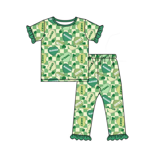 (Pre-order)GSPO2091  LUCKY LOVED Heart Plaid Print Girls St. Patrick's Day Pajamas Clothes Set