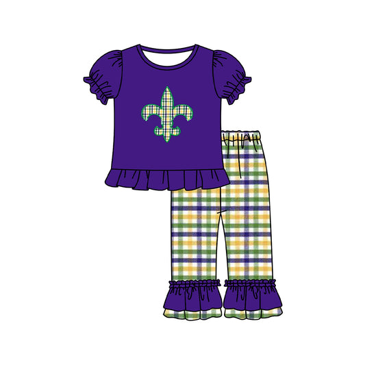 (Pre-order)GSPO2093 Anchor Purple Top Plaid Pants Girls Mardi Gras Clothes Set