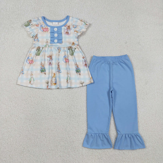 GSPO2094 Bunny Plaid Tunic Top Blue Pants Girls Easter Clothes Set