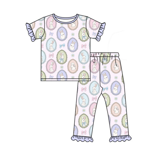 (Pre-order)GSPO2099  Bunny Flowers Print Girls Easter Pajamas Clothes Set