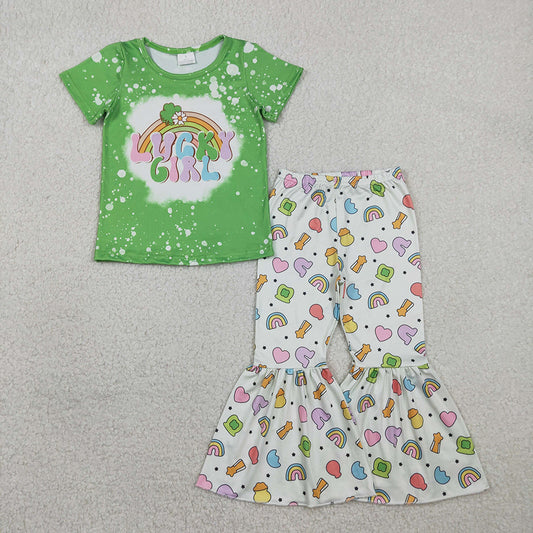 GSPO2101 Lucky Girl Rainbow Print Bell Pants Girls St. Patrick's Day Clothes Set