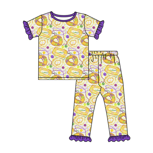 (Pre-order)GSPO2102  Donut Print Girls Mardi Gras Pajamas Clothes Set