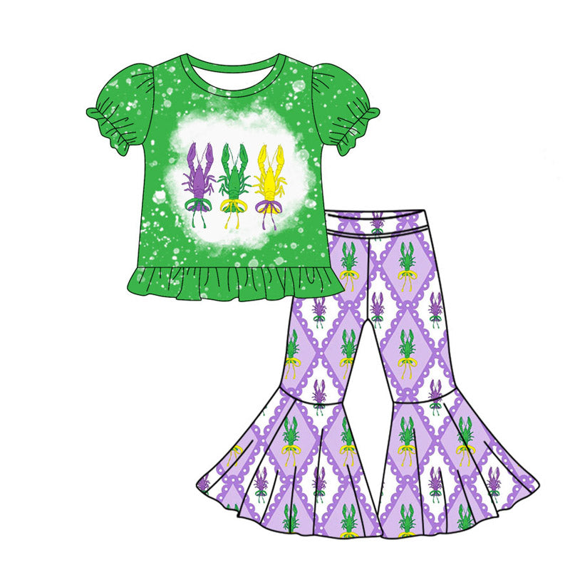 (Pre-order)GSPO2103  Crayfish Bows Green Top Bell Pants Girls Mardi Gras Clothes Set