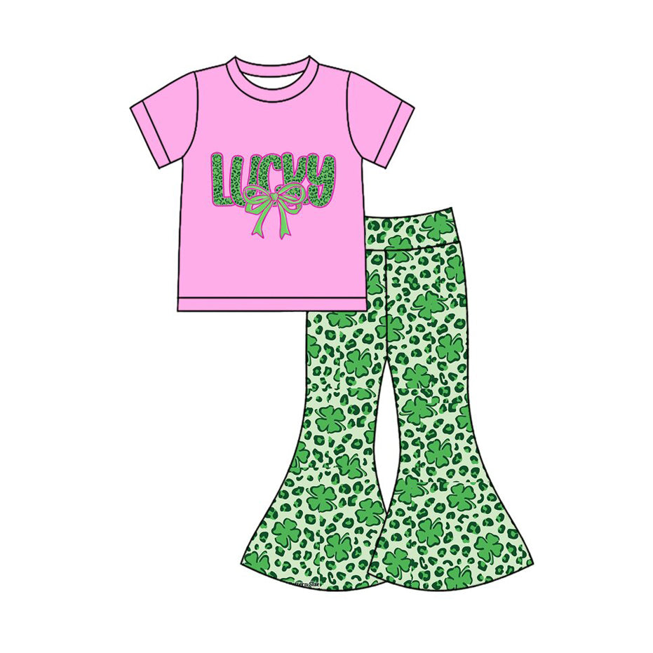 (Pre-order)GSPO2104  Lucky Bows Pink Top Leopard Bell Pants Girls St. Patrick's Day Clothes Set