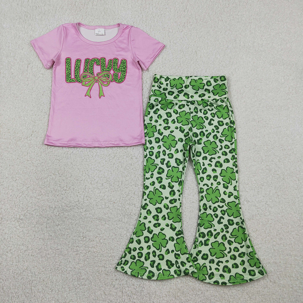 GSPO2104  Lucky Bows Pink Top Leopard Bell Pants Girls St. Patrick's Day Clothes Set