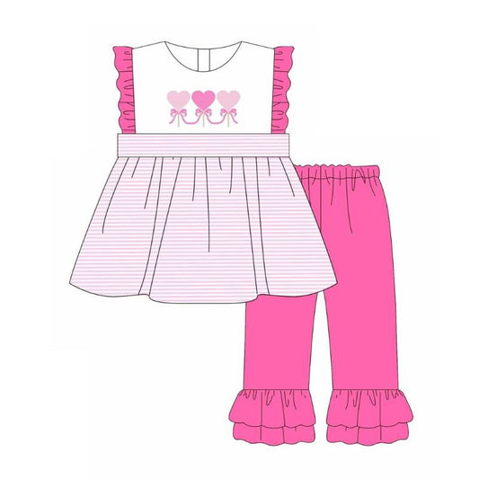 (Pre-order)GSPO2106 Heart Bows Pink Stripes Tunic Top Ruffle Pants Girls Valentine's Day Clothes Set