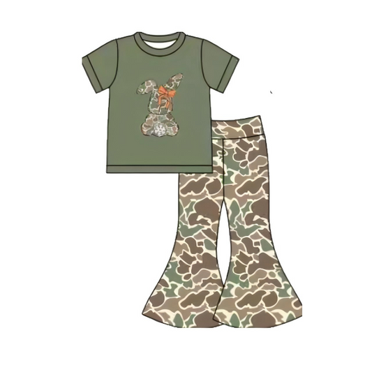 (Pre-order)GSPO2110 Bunny Green Top Camo Bell Pants Girls Easter Clothes Set