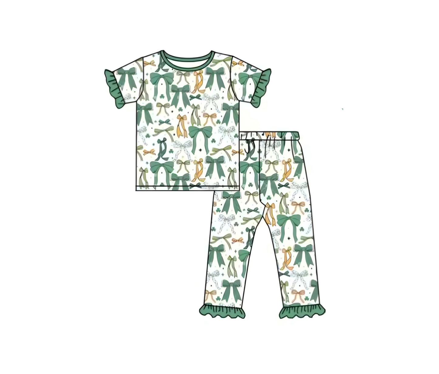 (Pre-order)GSPO2111  Green Bows Print Girls St. Patrick's Day Pajamas Clothes Set