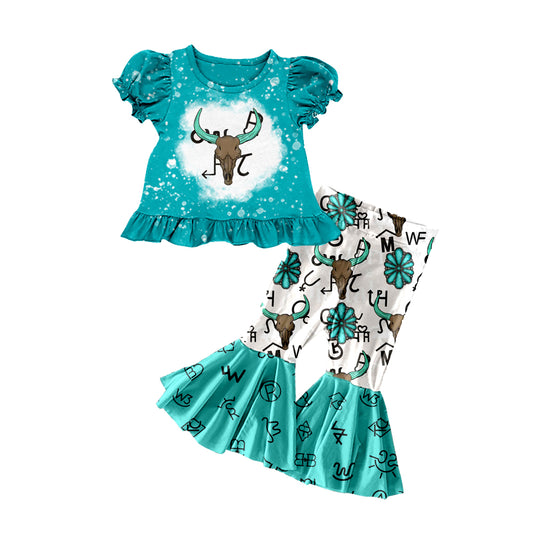 (Pre-order)GSPO2114  Cow Skull Wild Top Turquoise Bell Pants Girls Western Clothes Set