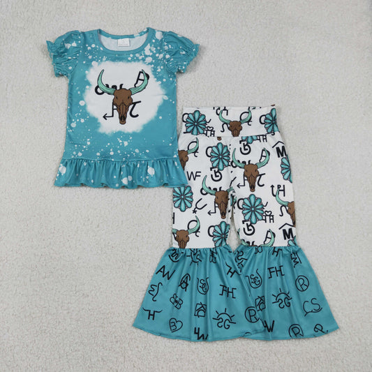 GSPO2114  Cow Skull Wild Top Turquoise Bell Pants Girls Western Clothes Set