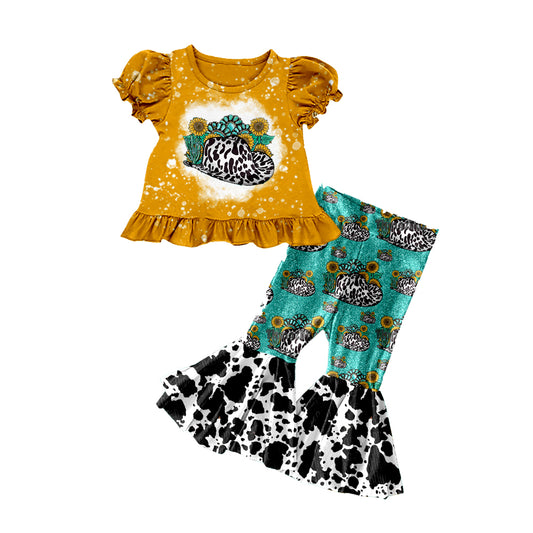 (Pre-order)GSPO2115  Hat Sunflowers Turquoise Top Bell Pants Girls Western Clothes Set