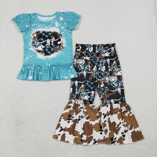GSPO2116  Cow Skull Turquoise Top Bell Pants Girls Western Clothes Set