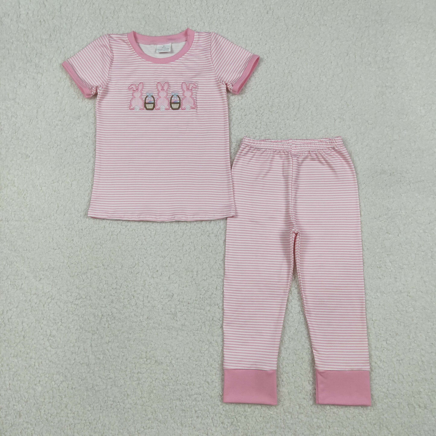 GSPO2117 Bunny Embroidery Stripes Pink Print Girls Easter Pajamas Clothes Set