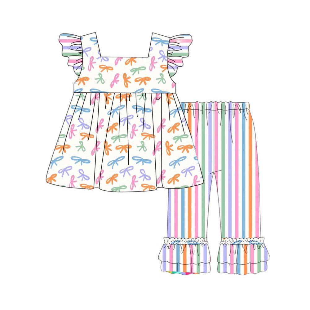 (Pre-order)GSPO2125 Colorful Bows Tunic Top Stripes Pants Girls Clothes Set