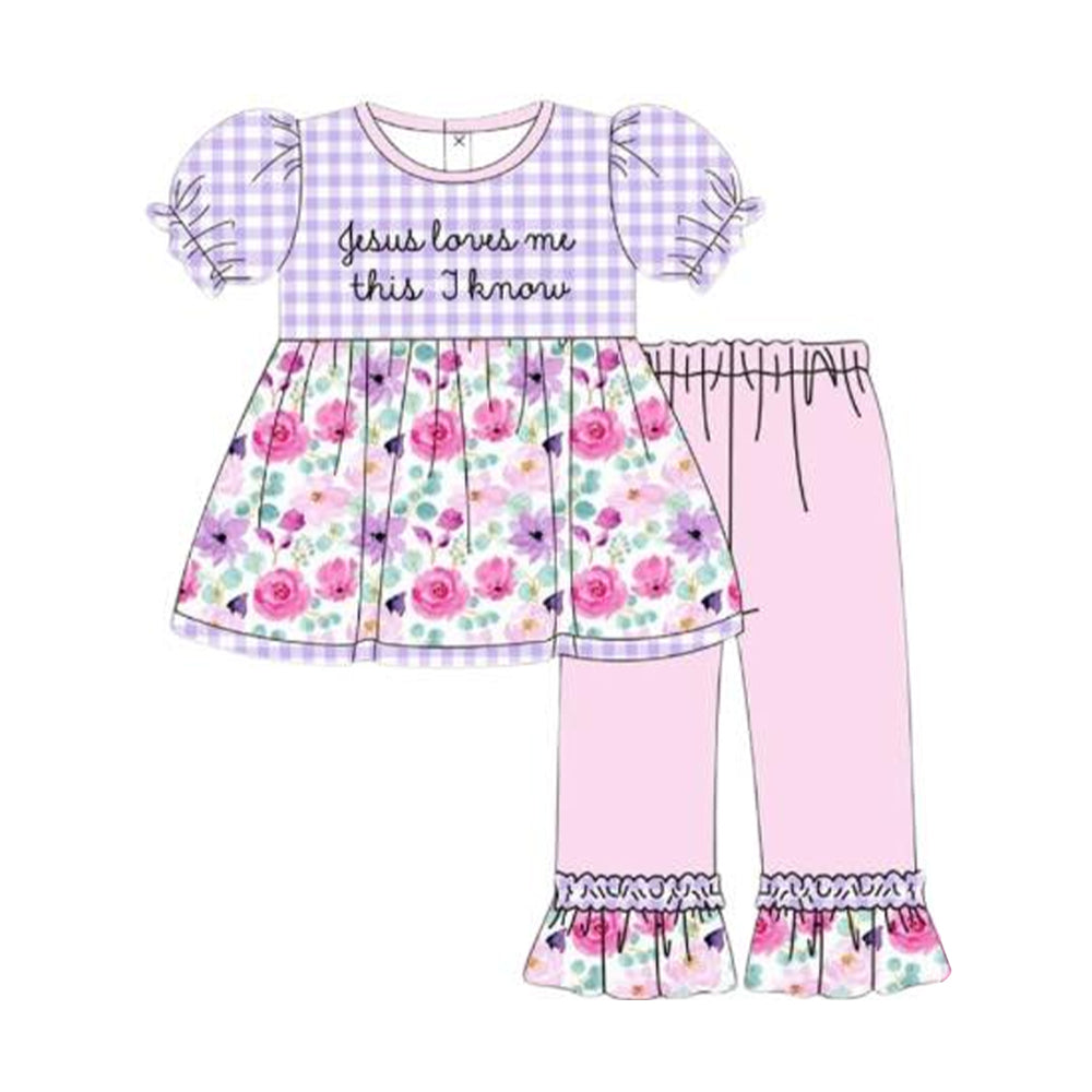 (Pre-order)GSPO2129 Jesus Loves Me This I Know Flowers Tunic Top Pink Pants Girls Easter Clothes Set