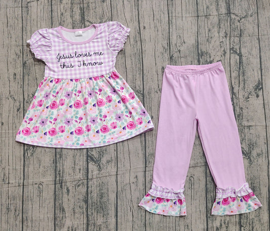 (Pre-order)GSPO2129 Jesus Loves Me This I Know Flowers Tunic Top Pink Pants Girls Easter Clothes Set