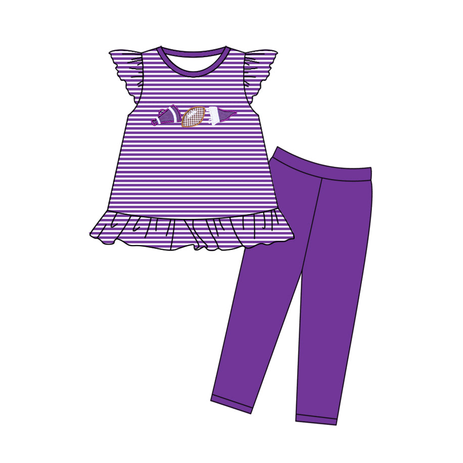 (Pre-order)GSPO2134 Footbal Cheer Stripes Tunic Top Purple Legging Pants Girls Clothes Set