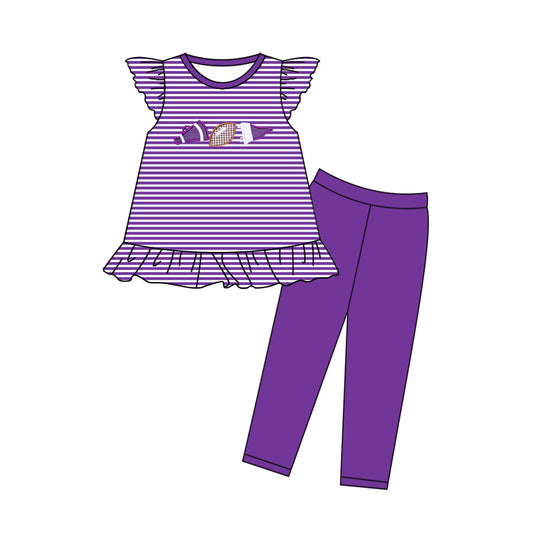 (Pre-order)GSPO2134 Footbal Cheer Stripes Tunic Top Purple Legging Pants Girls Clothes Set