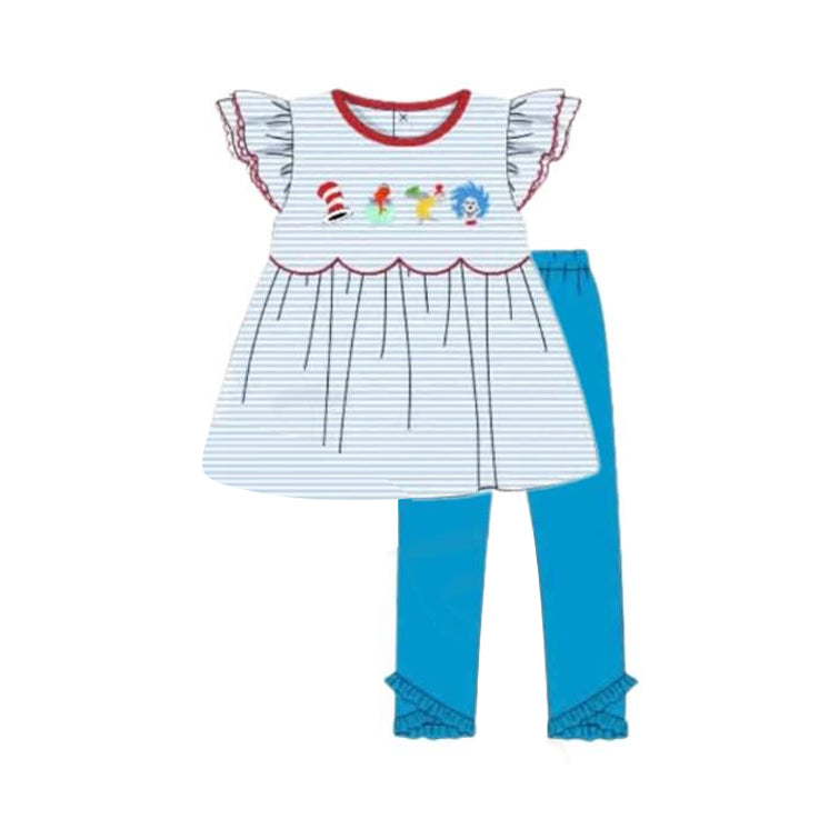 (Pre-order)GSPO2136 Dr.Reading Stripes Tunic Top Blue Pants Girls Clothes Set