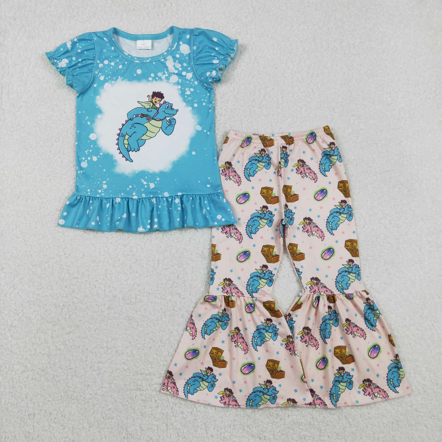 GSPO2137 Cartoon Dragon Blue Top Bell Pants Girls Clothes Set