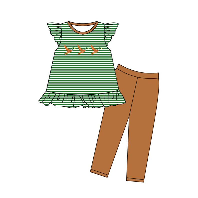 (Pre-order)GSPO2139 Duck Green Stripes Tunic Top Brown Pants Girls Clothes Set