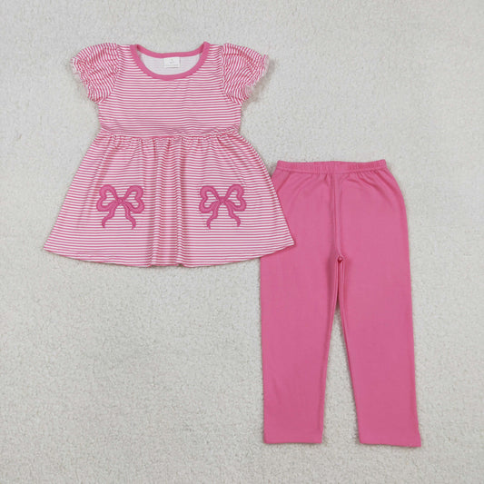 GSPO2150 Bows Embroidery Stripes Tunic Top Hot Pink Pants Girls Clothes Set