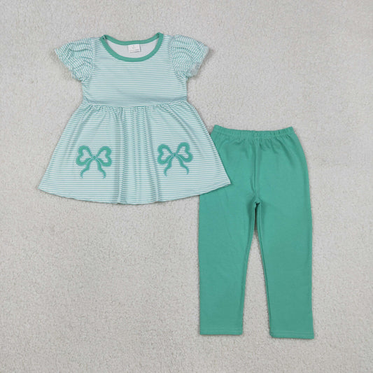 GSPO2151 Bows Embroidery Stripes Tunic Top Green Pants Girls Clothes Set