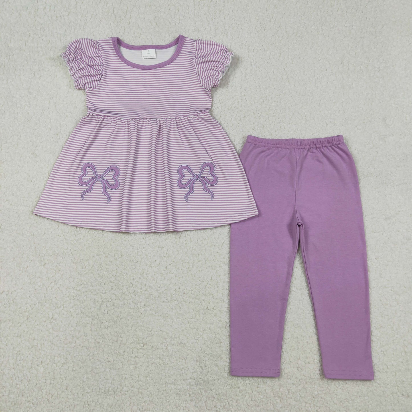 GSPO2153 Bows Embroidery Stripes Tunic Top Purple Pants Girls Clothes Set