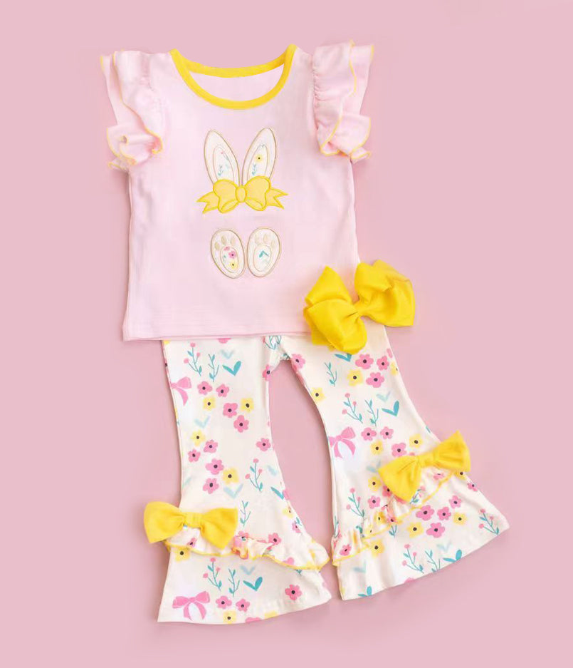 (Pre-order)GSPO2170  Bunny Pink Top Flowers Bell Pants Girls Easter Clothes Set