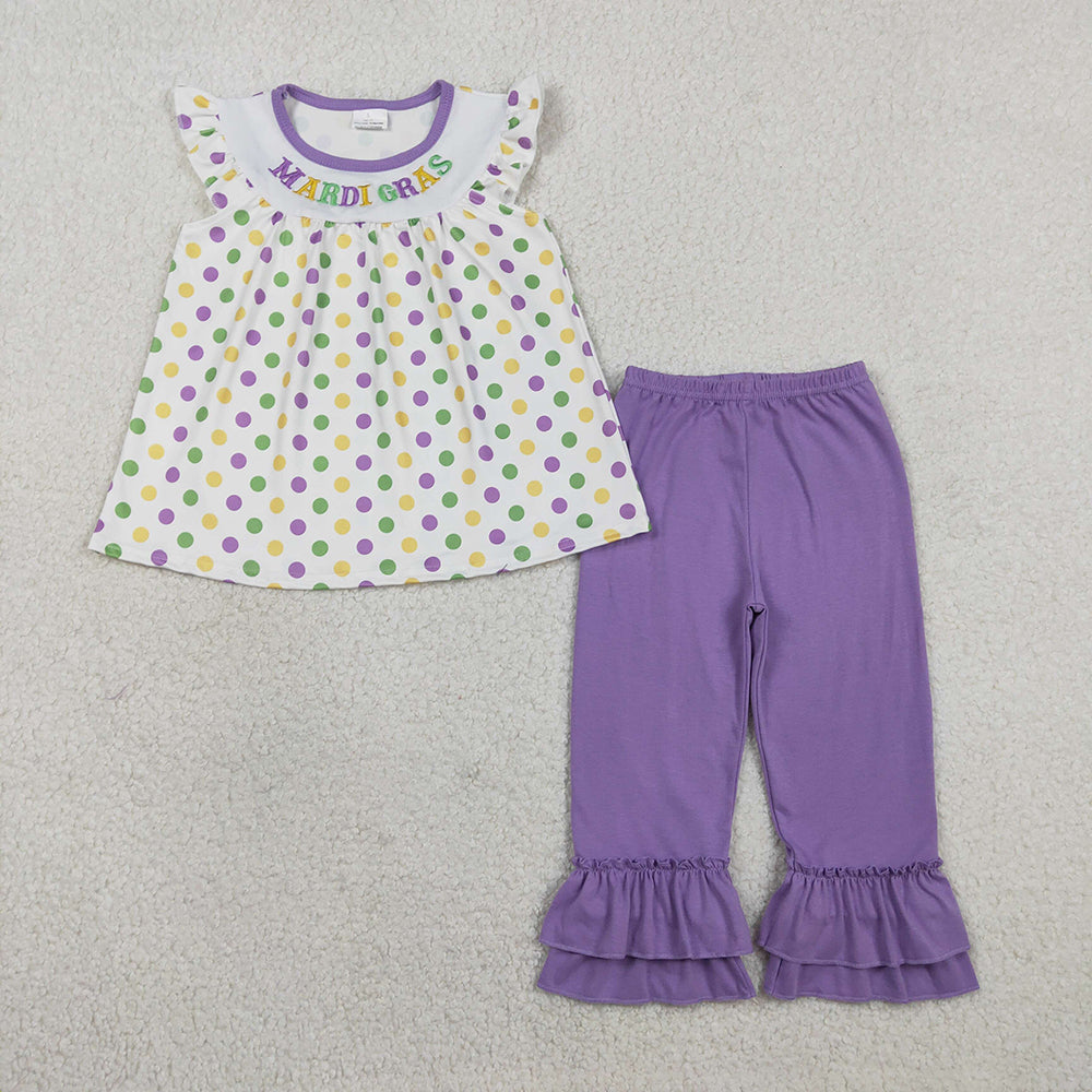 GSPO2205 Mardi Gras Embroidery Dots Tunic Top Purple Girls Clothes Set