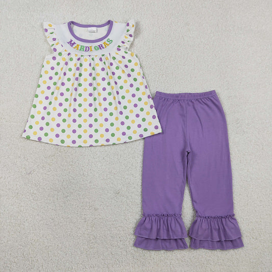 GSPO2205 Mardi Gras Embroidery Dots Tunic Top Purple Girls Clothes Set