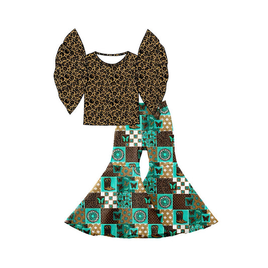 (Pre-order)GSPO2211 Leopard Top Turquoise Plaid Bell Pants Girls Clothes Set