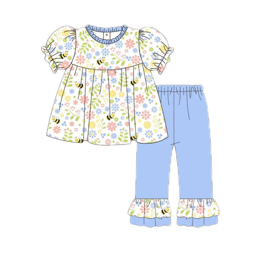 (Pre-order)GSPO2213 Colorful Flowers Bee Top Blue Pants Girls Clothes Set