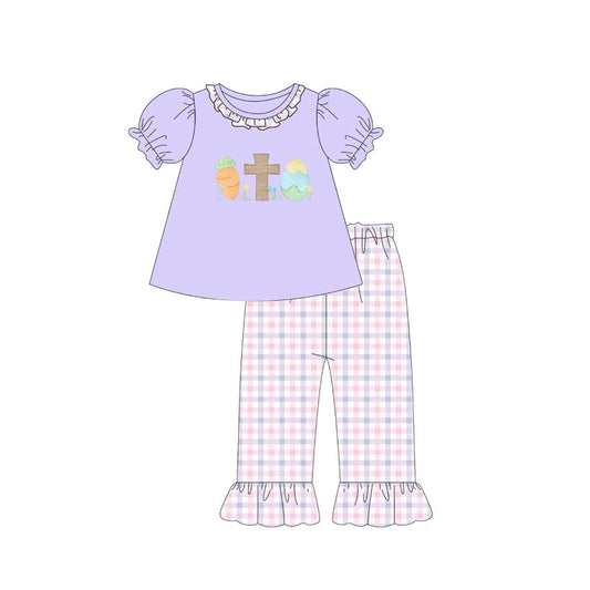 (Pre-order)GSPO2215 Carrot Cross Egg Bule Top Plaid Pants Girls Easter Clothes Set