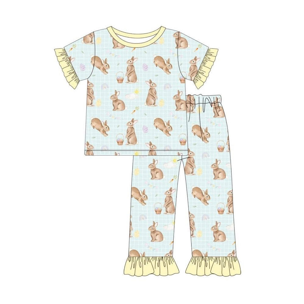 (Pre-order)GSPO2216 Bunny Plaid Print Girls Easter Pajamas Clothes Set